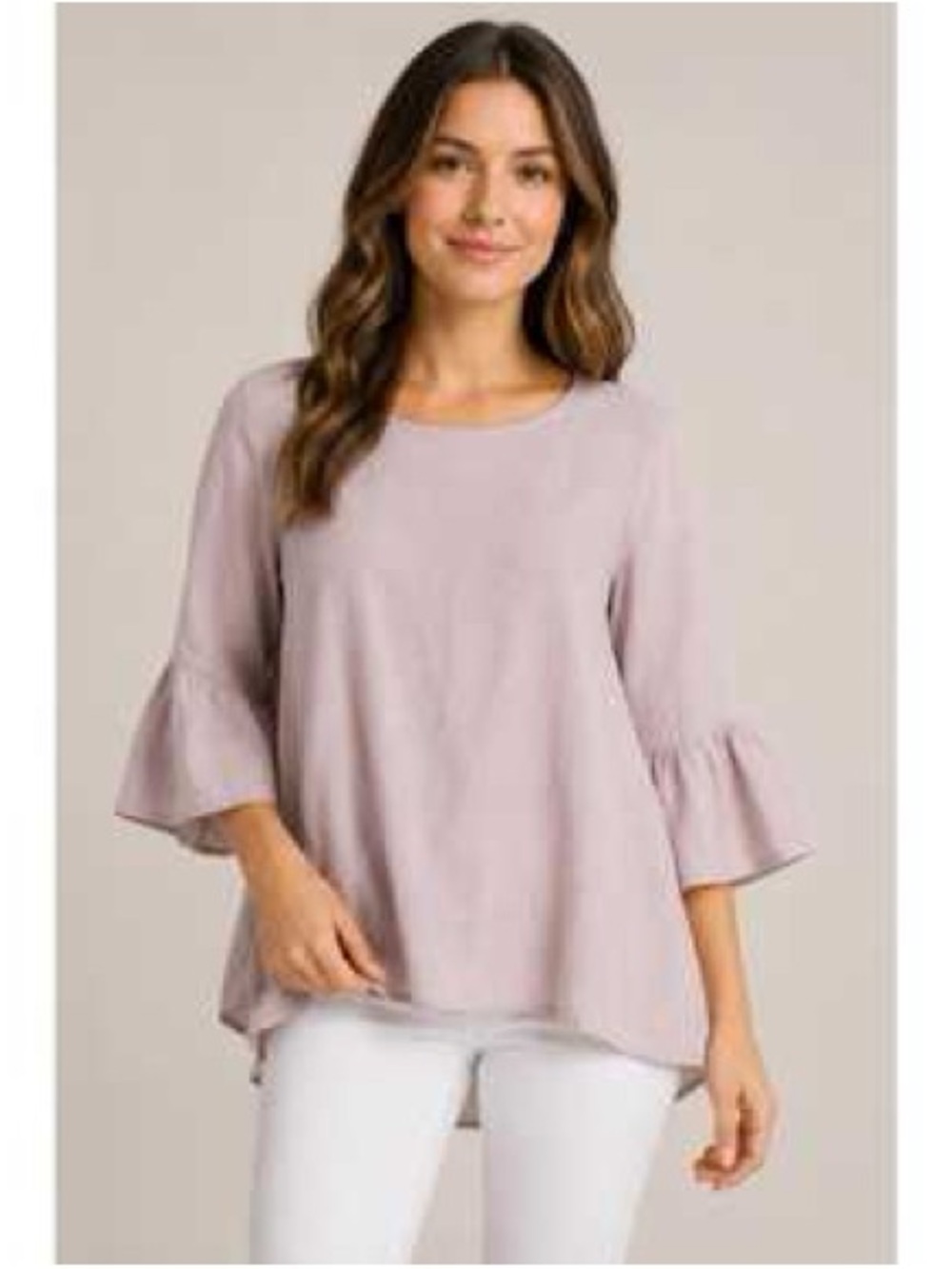 Crown Linen Designs Linen Dusty Pink Tunic Blouse Bella Ruffle Bell 3/4 Sleeve L